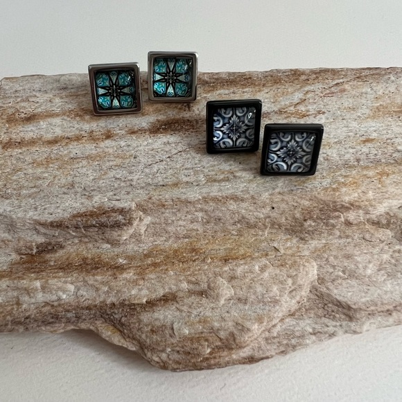 Classic Square Stud Earrings - Black and Silver Trendy Stud Earring Set - Picture 1 of 15